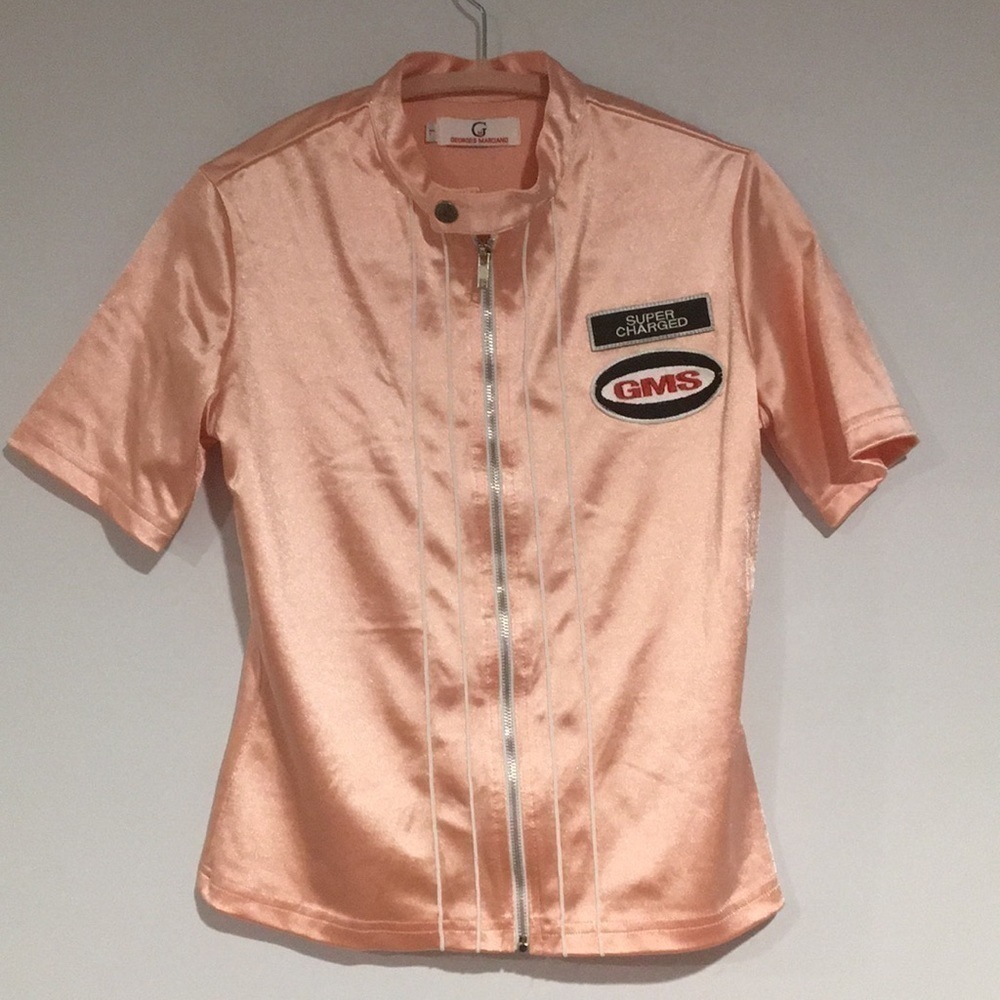 90’s Vintage Georges Marciano Pink stretchy satin short sleeve surf top